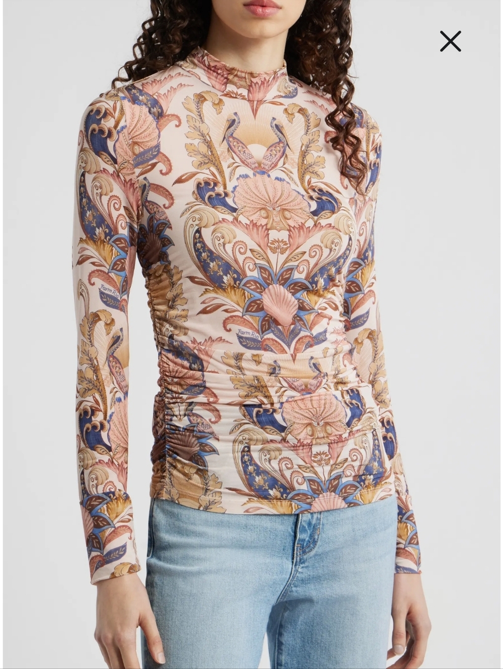 FARM RIO SeacGarden Jersey Print Blouse w/ side Ruching- Mock Neck XS